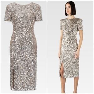 Dress the Population Natasha Sequin Midi Dress Size L Short Sleeve Silver New